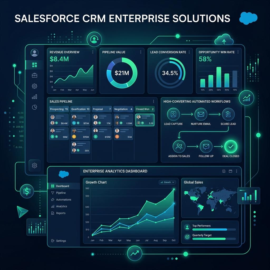 Salesforce enterprise CRM concept showing revenue charts, a sales pipeline, automated workflows, and analytics with sample figures.